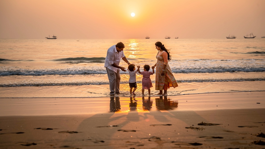 Family enjoying sunset at a peaceful Gujarat beach